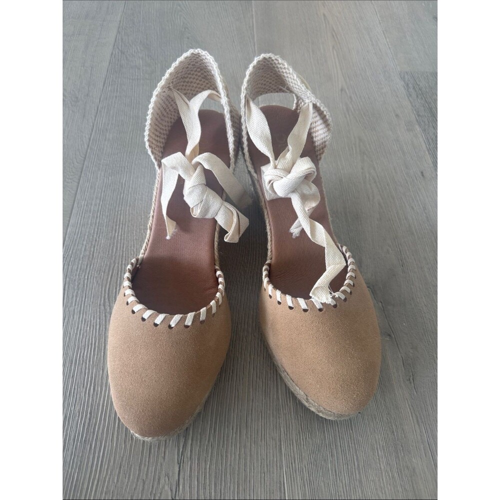 Tan Espadrille Wedge Sandals with Cream Ankle Ties